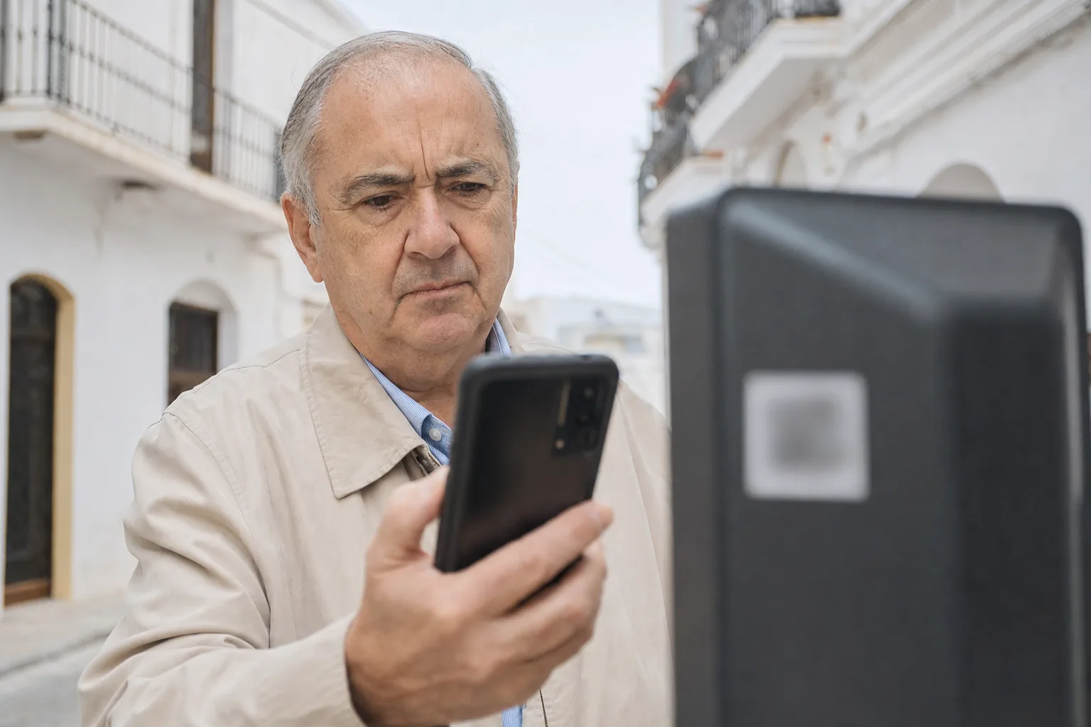 Un hombre mayor duda antes de escanear con el móvil un código QR pegado en un parquímetro